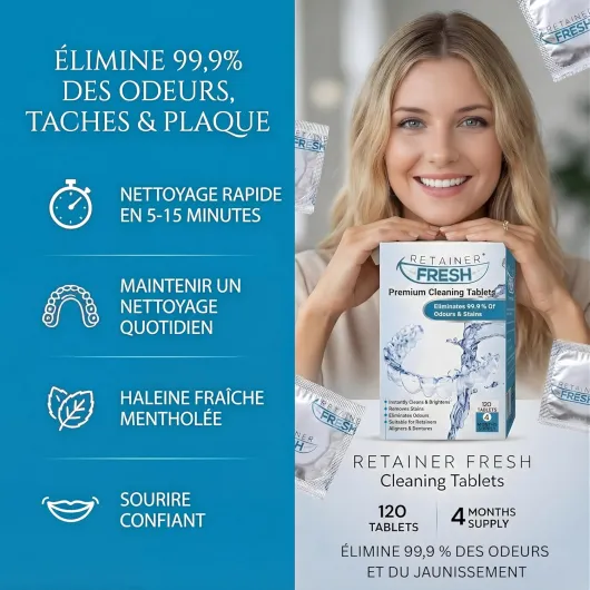 Tablettes de nettoyage Retainer - Tablette de nettoyage pour appareils orthodontiques et gouttières, prothèses dentaires & aligneurs - Brite et Stain Free 120 comprimés 4 mois 120 Unité (Lot de 1)